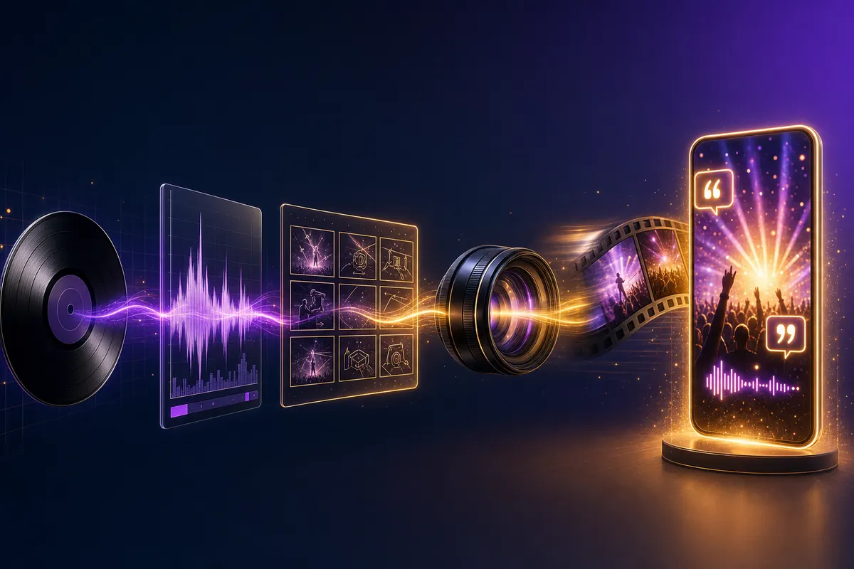 AI music video pipeline from song upload to waveform analysis, storyboard, animation, and platform exports