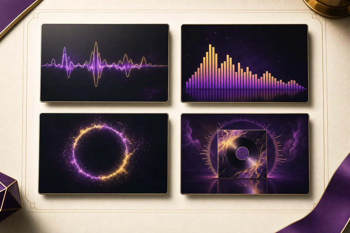 Four music visualizer formats: waveform line, audio spectrum bars, particle ring, and animated album cover loop