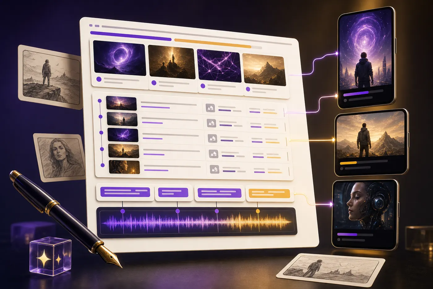 Cinematic AI video script generator interface with hook cards, storyboard scenes, captions, and vertical video previews