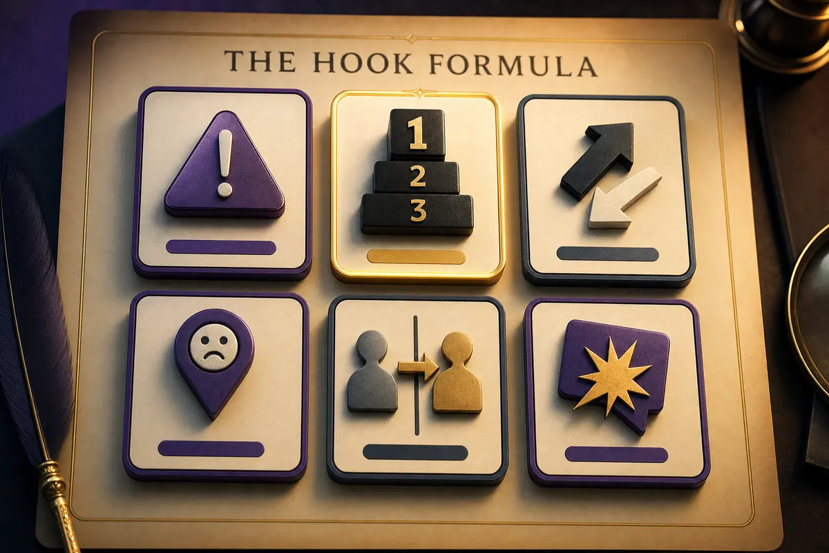 Hook formula board with AI video script cards for contrast, mistake, number, story, proof, and payoff hooks