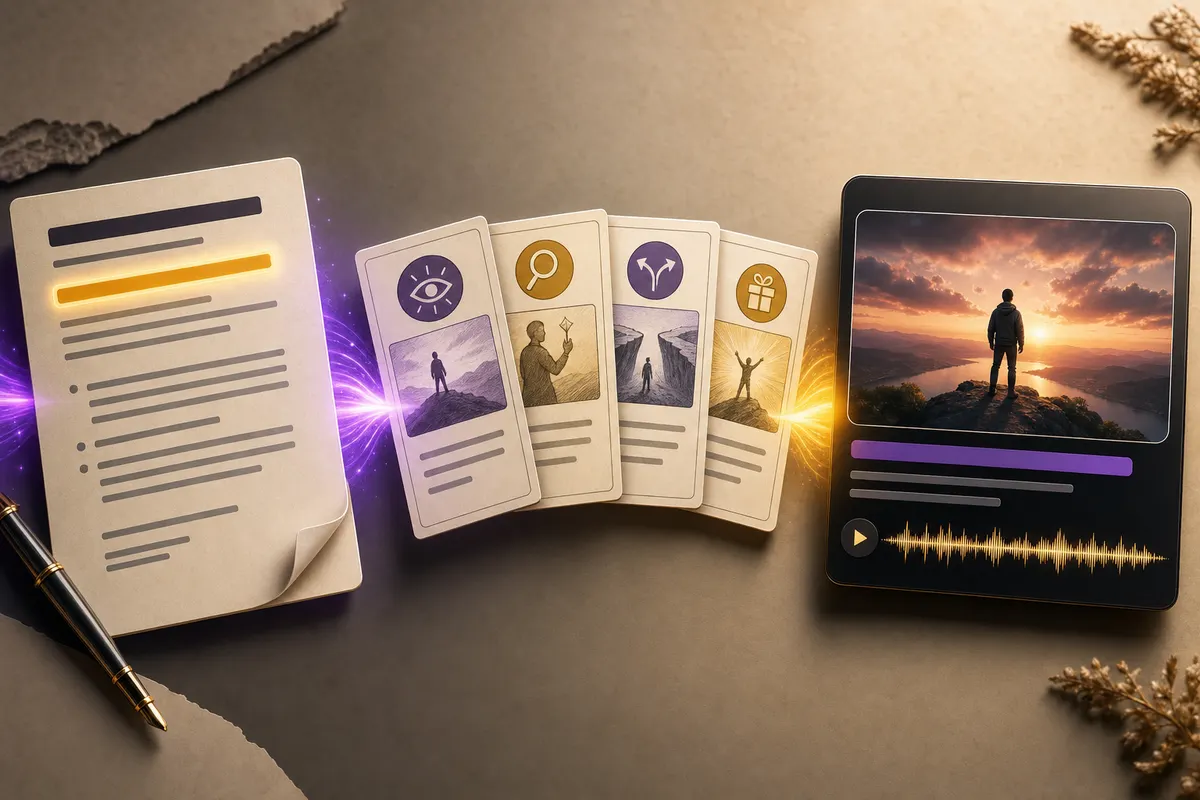 Faceless video script turning into storyboard cards, AI image prompts, voiceover waveform, captions, and rendered video