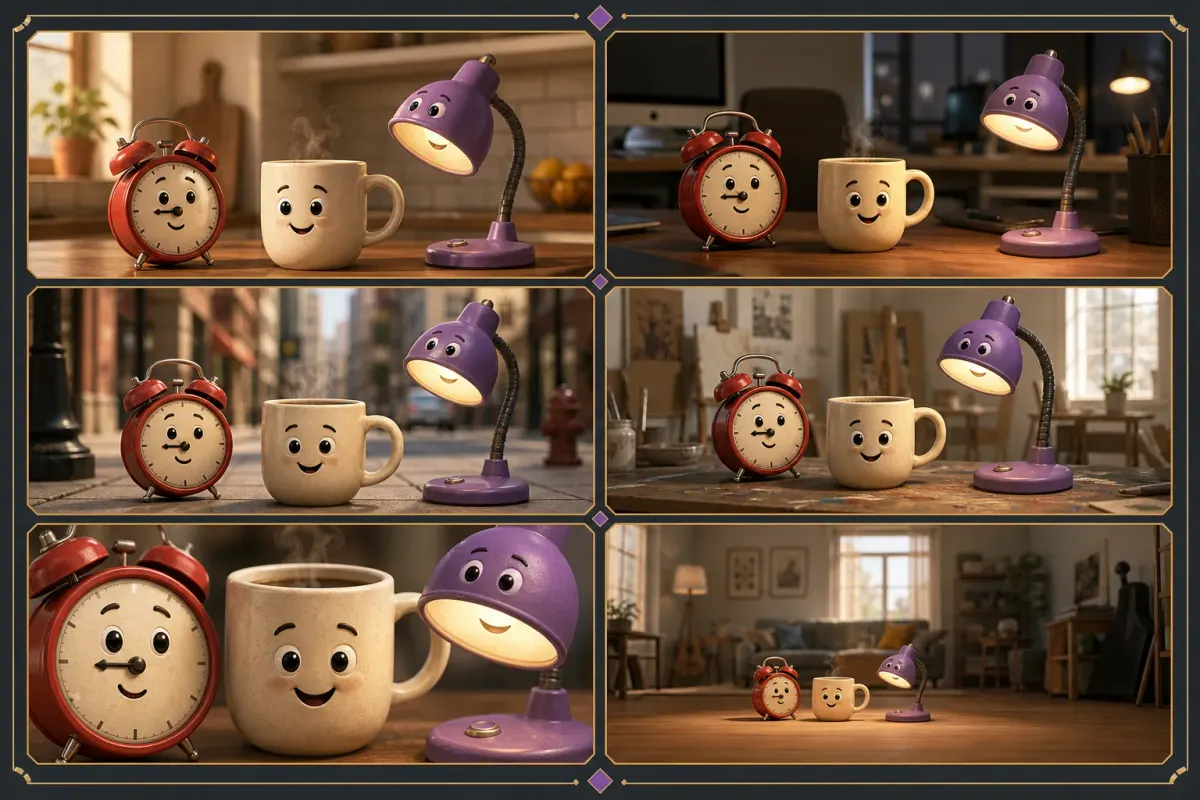 The same alarm clock, coffee mug, and purple desk lamp characters shown consistently across six locations and camera framings