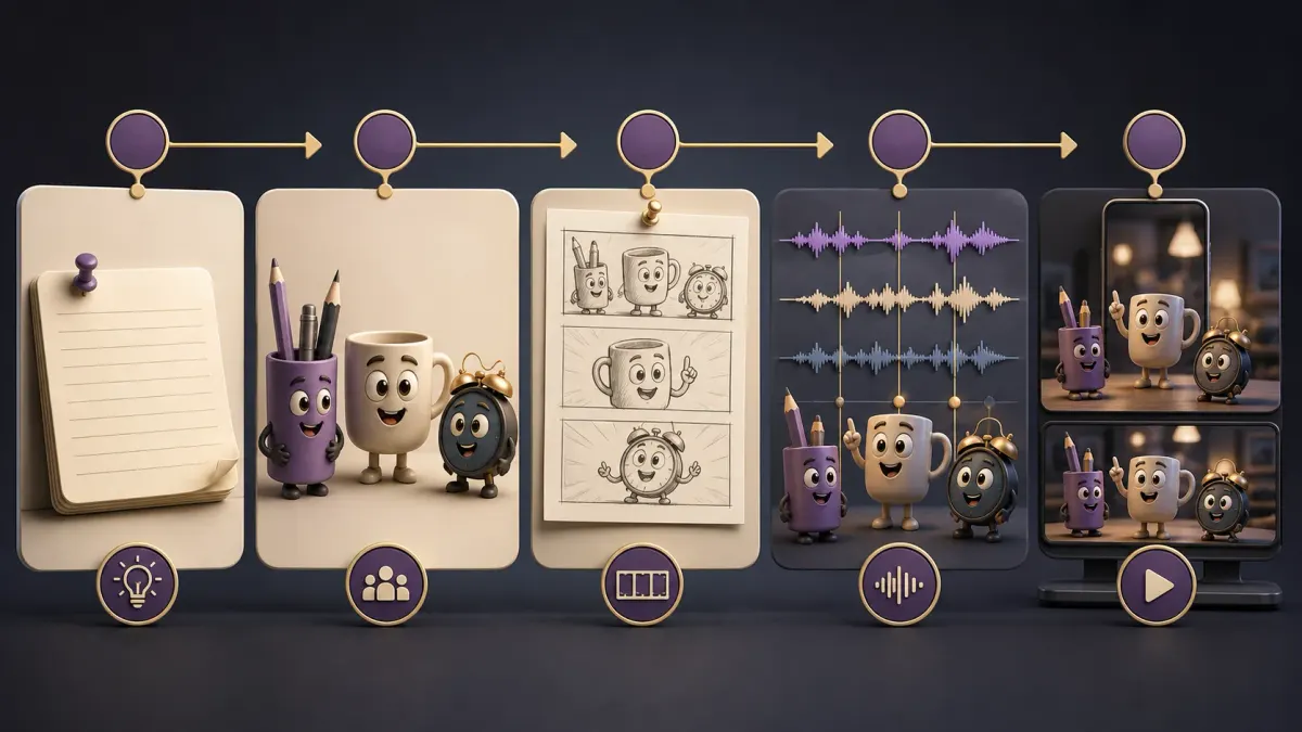 Five-stage visual workflow from an idea and character cast through storyboard, dialogue waveforms, and finished talking object videos