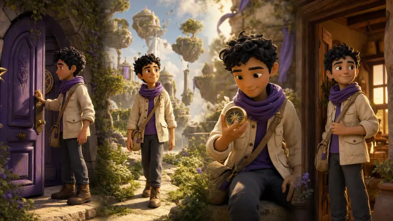 The same young animated adventurer appearing across four moments of a magical journey