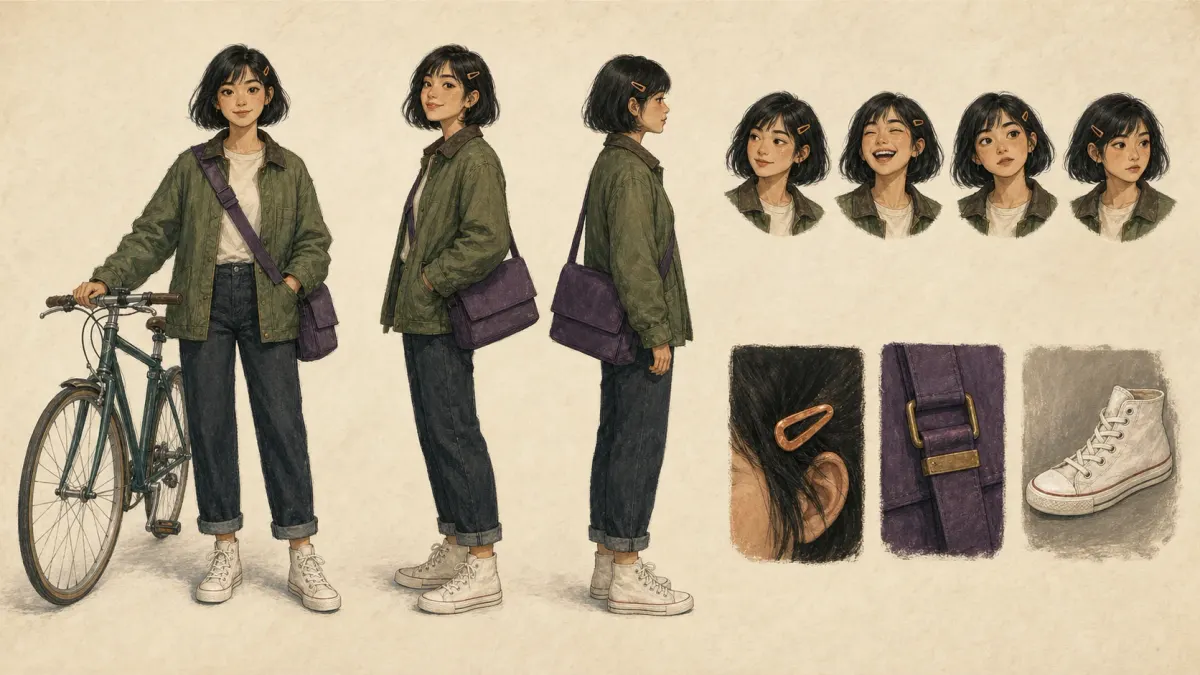 Illustrated identity board showing the same bicycle courier from several views with expressions and signature clothing details