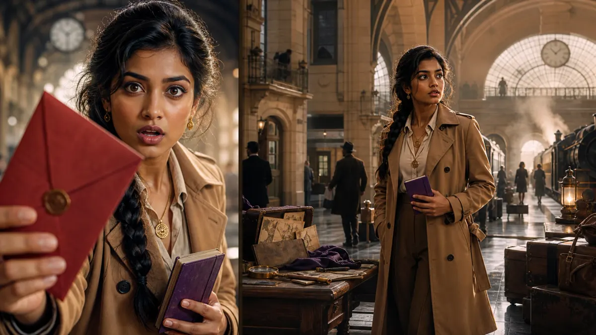 The same woman detective in an intense close view and a wider railway station mystery scene