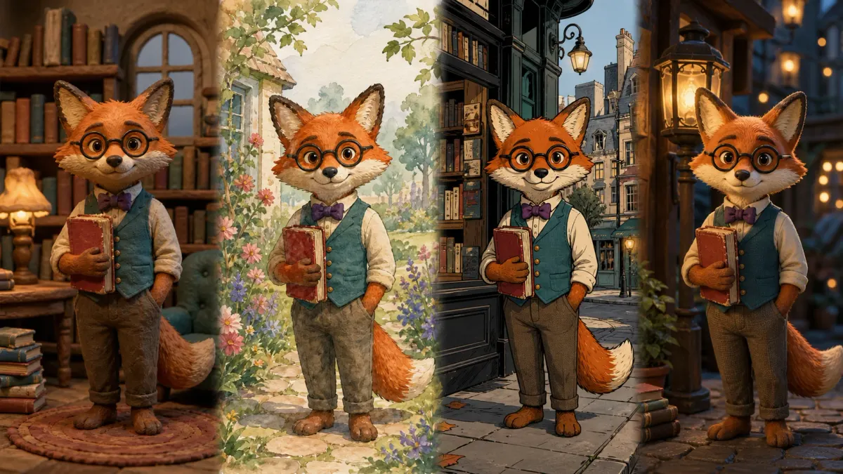 The same fox librarian shown in clay animation, watercolor storybook, comic illustration, and polished cinematic styles