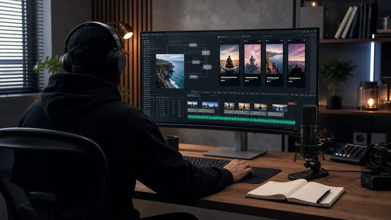 Creator building a faceless content channel with widescreen videos and vertical social clips without appearing on camera