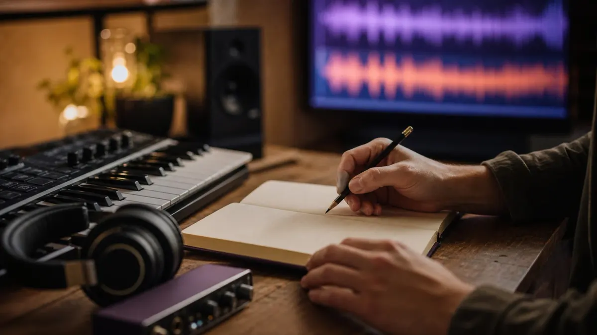 Songwriter developing an AI music prompt beside a keyboard, headphones, and recording equipment
