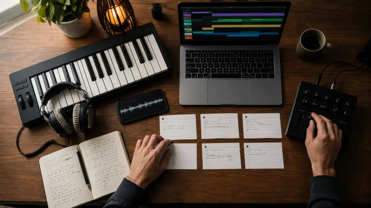 Music producer moving from a written song idea to layered waveforms and a finished AI-generated track