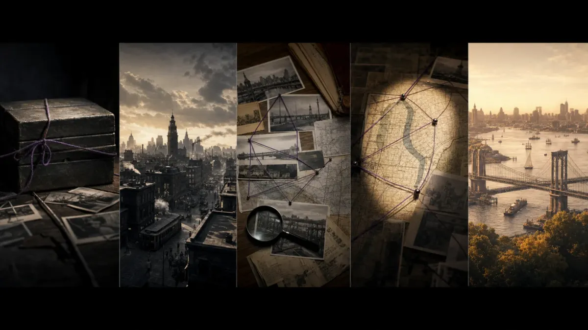 Five connected documentary panels moving from mystery through context and investigation to a clear resolution