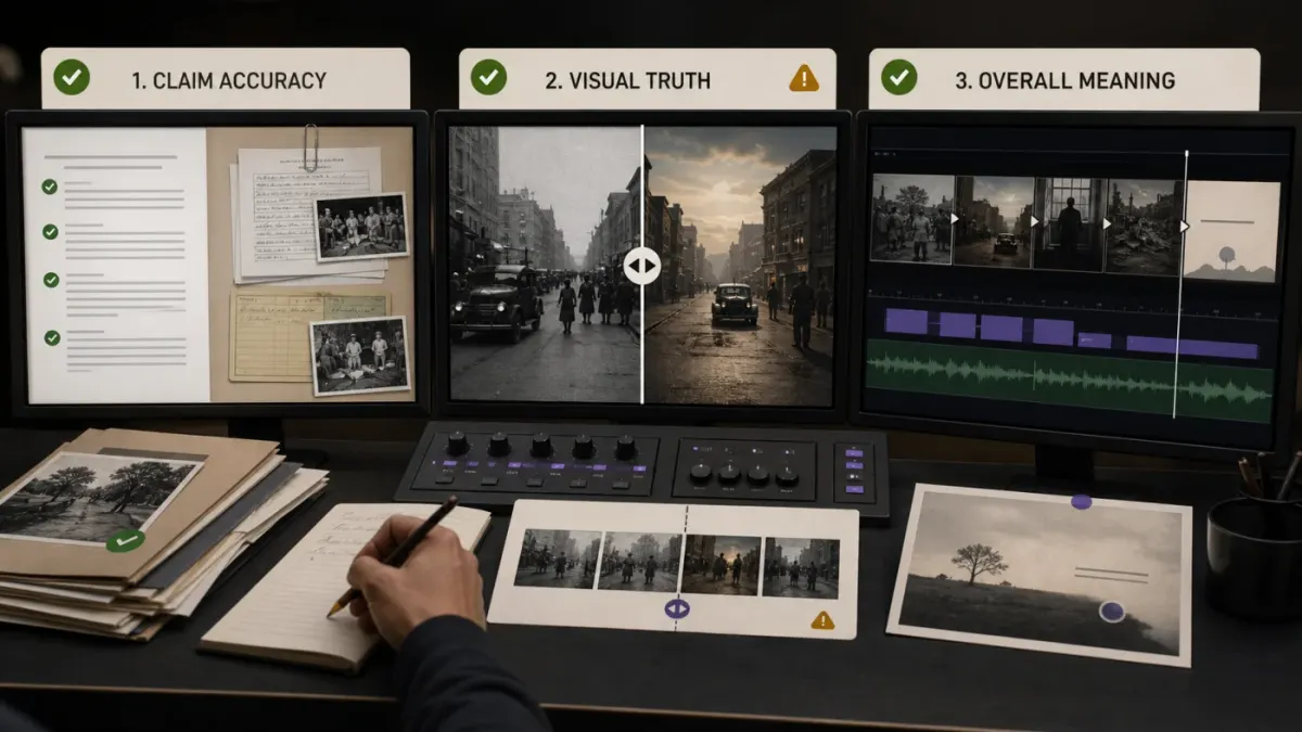 Three documentary review stations for claim accuracy, visual truth, and the overall meaning of the final edit