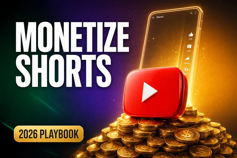 3D YouTube play button stacked on glowing gold coins with a Shorts vertical screen aesthetic