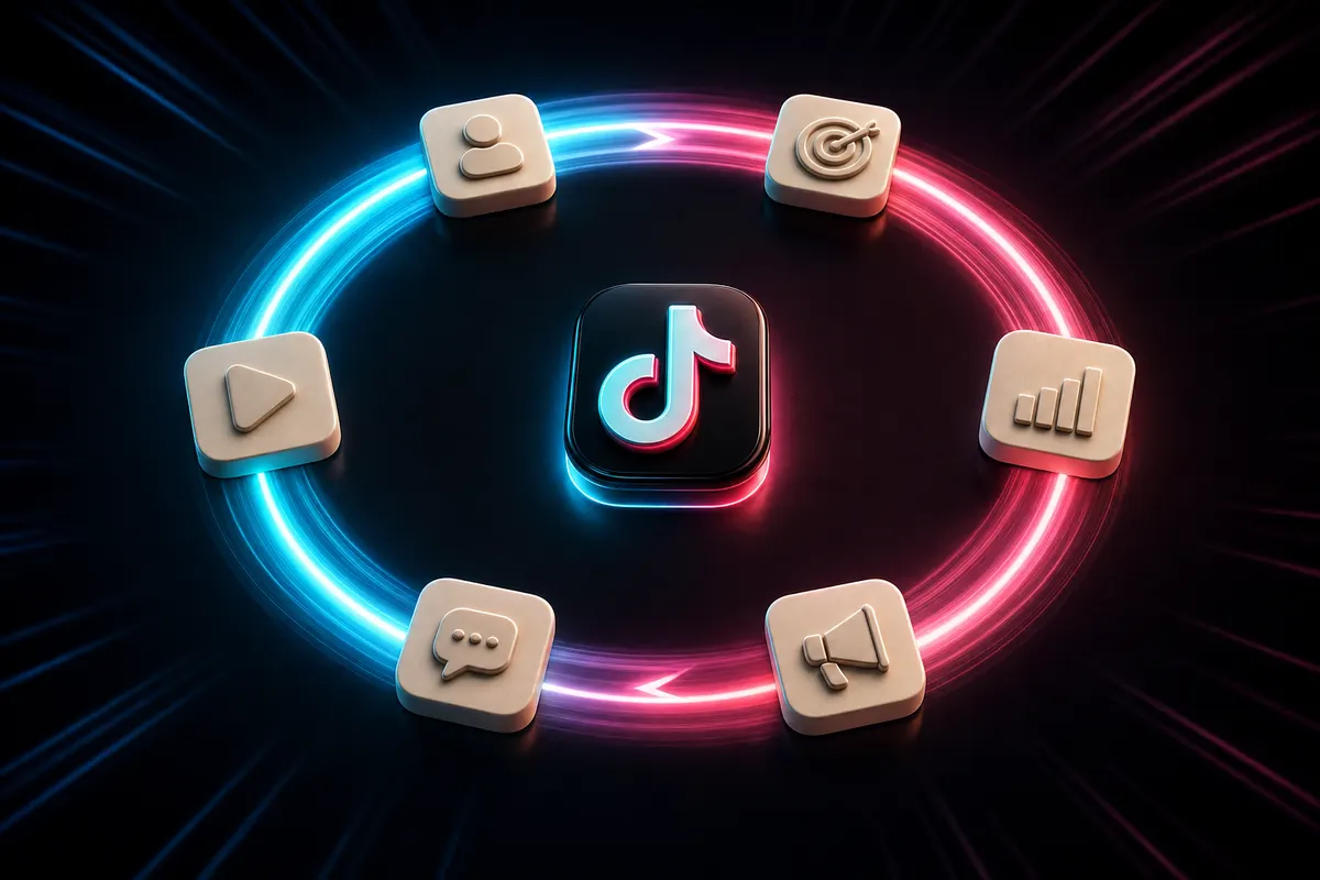 Editorial 3D illustration of a circular growth loop with a small TikTok logo at the center