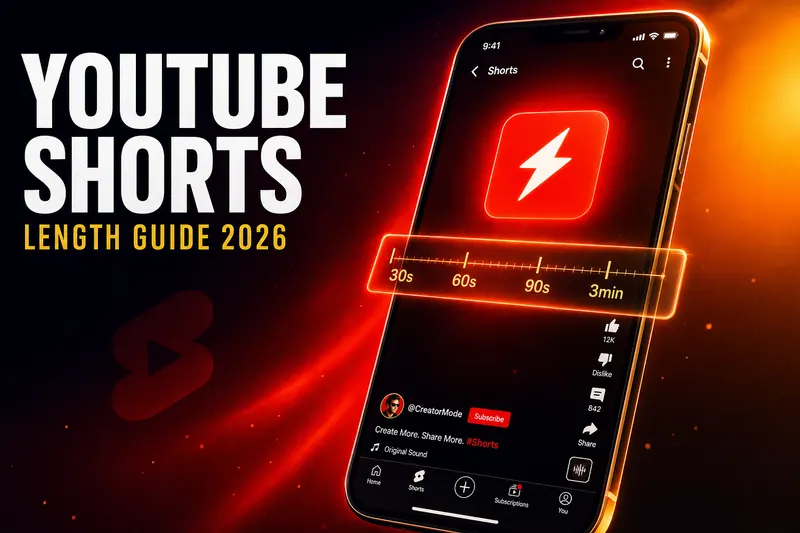 Editorial composition of YouTube Shorts thumbnails on a phone with overlay specs for length and aspect ratio