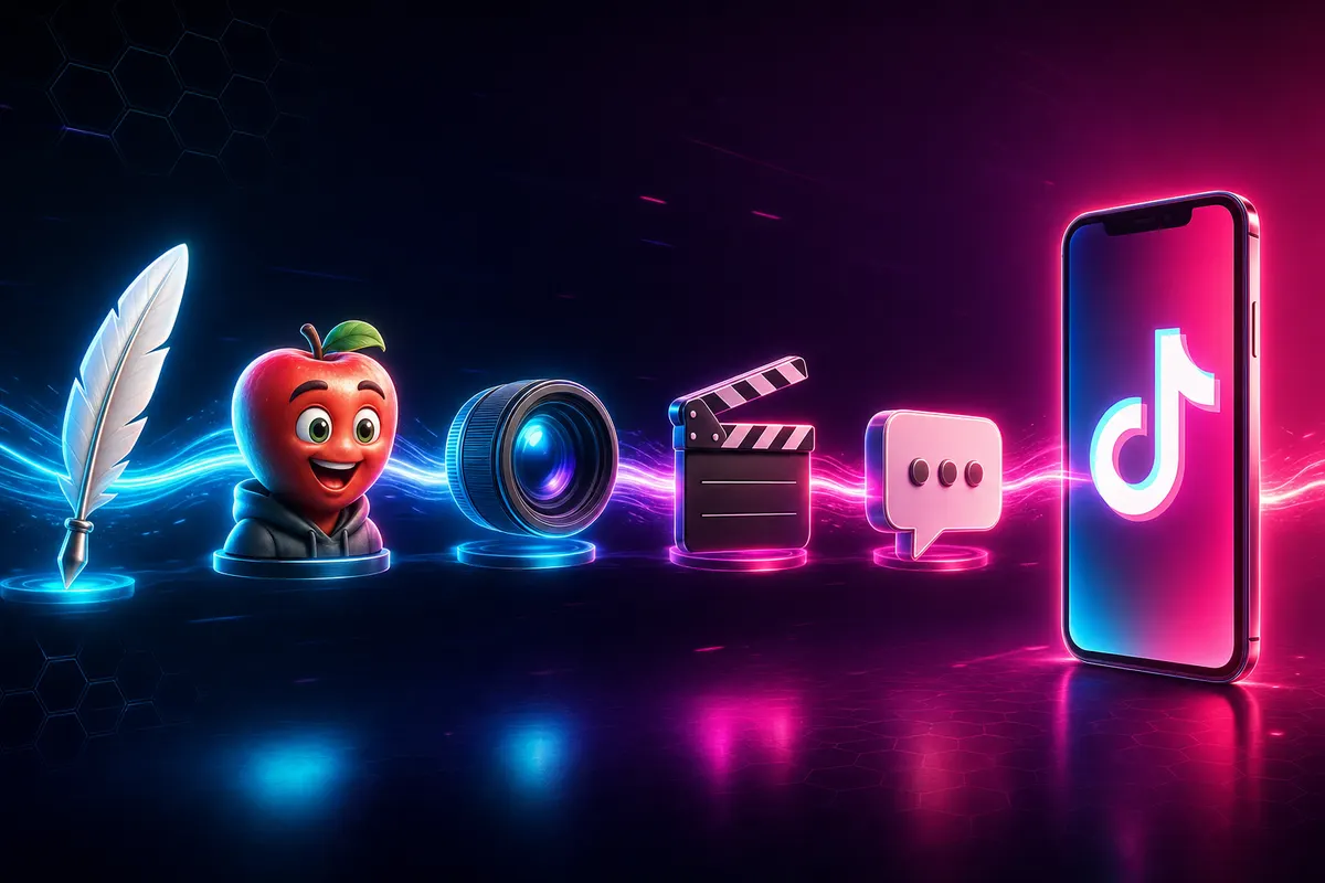 Production pipeline diagram with seven boxes — idea, script, character library, scene images, animation, voice, stitch — connecting left to right with arrows