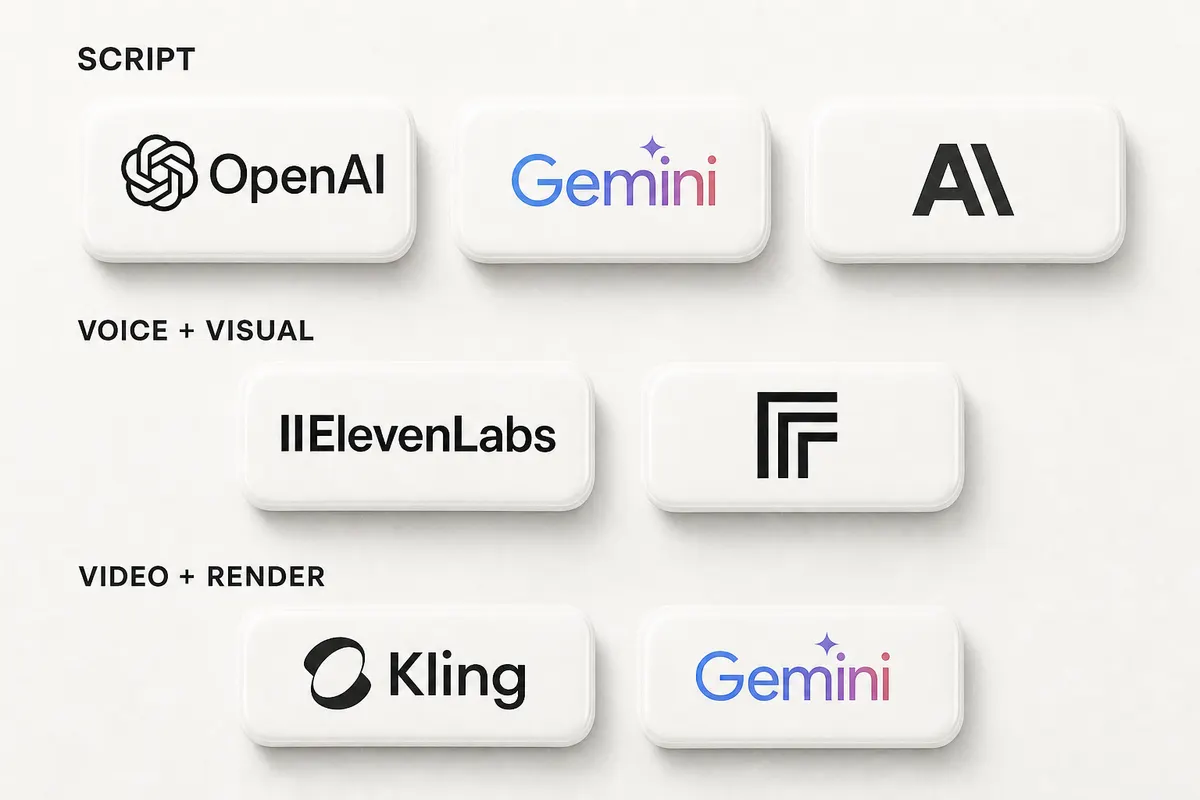 Stylized stack diagram showing the layered tools that make up a modern AI YouTube channel