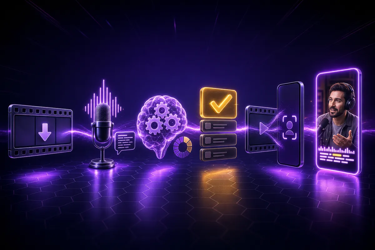 Six-stage AI clip maker pipeline: ingest, transcribe, score, select, reframe, caption