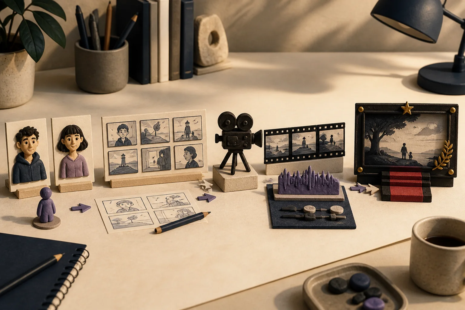 A handcrafted film production desk with cast portraits, storyboards, a camera, film strips, soundtrack, and final premiere frame