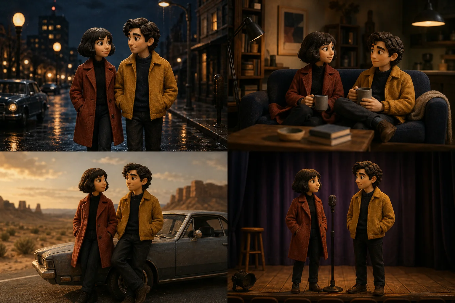 The same two animated characters appearing in a rainy city, a warm apartment, a desert, and a theater