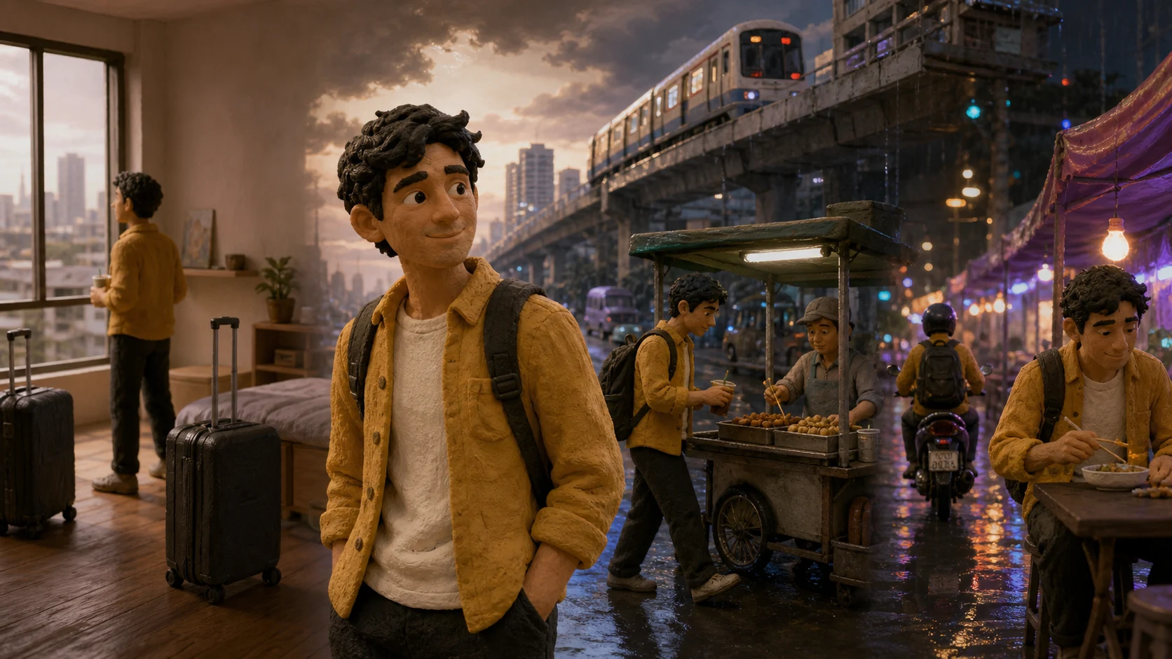 The same claymation character moving from an empty apartment into a rainy day in Bangkok