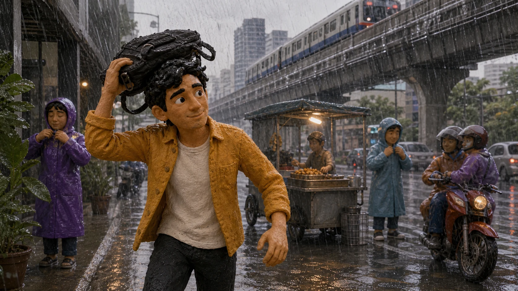 Claymation character holding a backpack over his head during sudden monsoon rain beneath a Bangkok train line