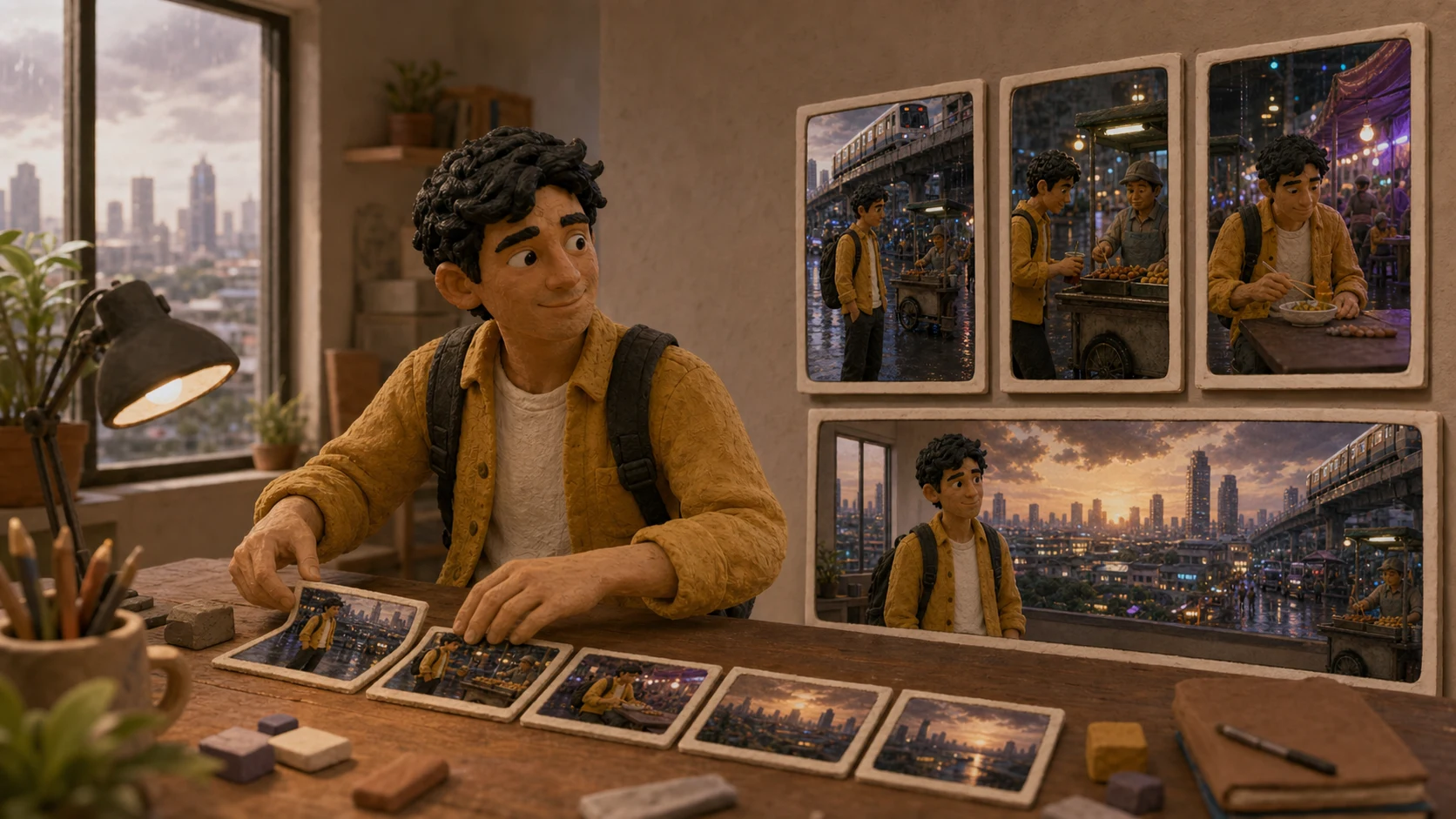 Claymation creator arranging recurring Bangkok character scenes into vertical shorts and a widescreen episode